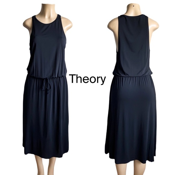 THEORY Black Midi Dress Waist Tie Tank Stretch USA LBD Slip Sleeveless Sundress - Picture 1 of 8
